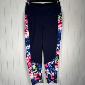 Gap Fit Cropped Athletic Leggings Navy Blue Floral Print Yoga Running Wear M Reg